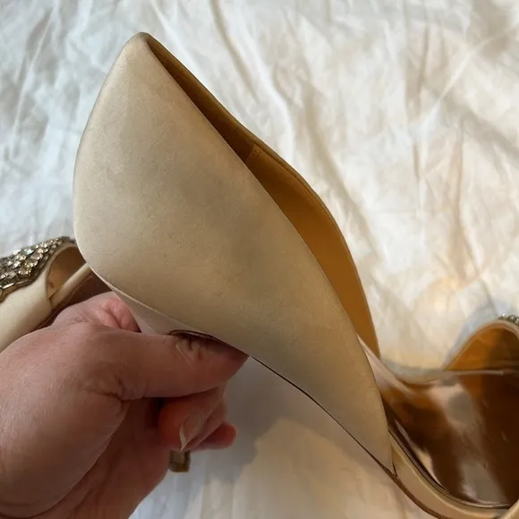Badgley Mischka Rhinestone Silk Peeptoe Shoes Heels Open Toe Wedding Blush 8.5
