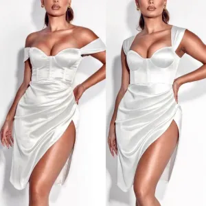 Miss Circle Hedy White satin off shoulder draped sleeves corset bustier dress