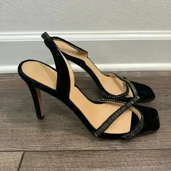 Veronica Beard Analita Black Suede Embellished Slingback Sandals Heels US 9.5