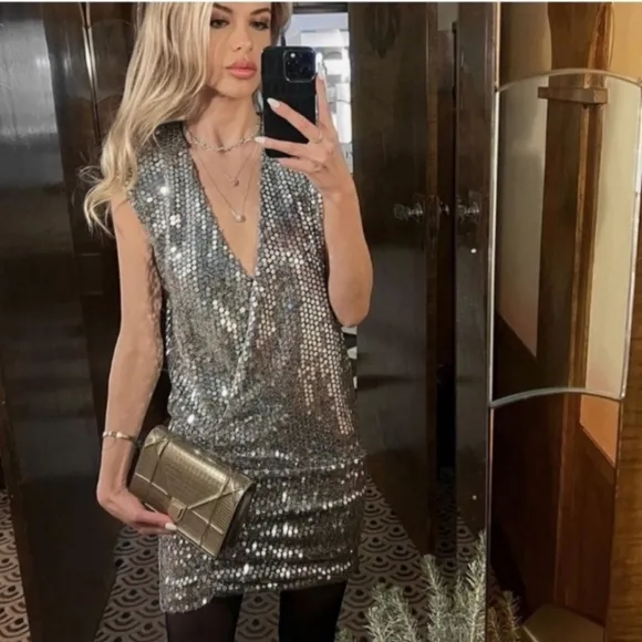 ZARA * Draped sequin mini dress  silver metallic