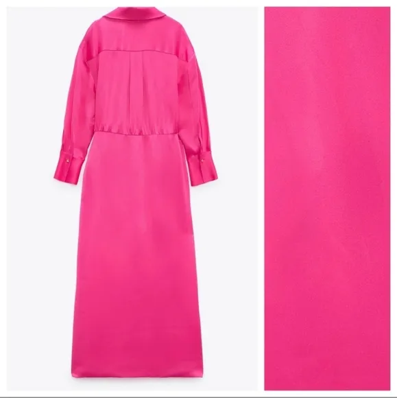 Zara Satin Limited Edition Collared Midi Shirt Dress Pink Size XS